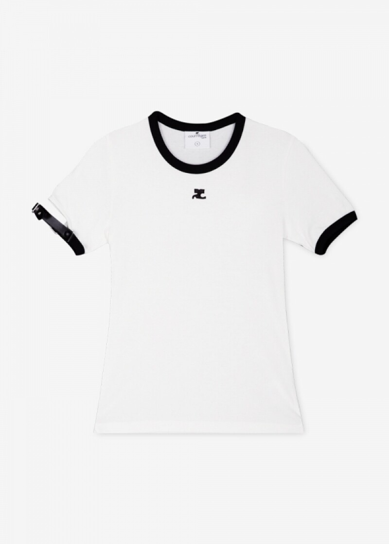 꾸레쥬 여성 버클 콘트라스트 헤리티지화이트/블랙 반팔티 124JTS117 JS0070 0098