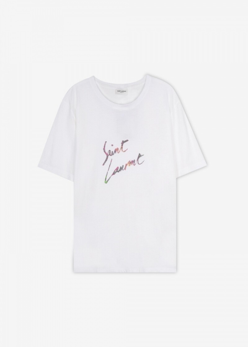 생로랑 남성 애니멀 로고 화이트 반팔티 553378 YBCL2 8486