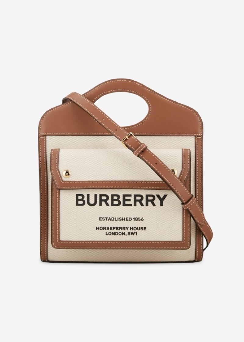버버리 여성 투톤 캔버스 레더 포켓 내추럴/멀티 브라운 토트백 미니 8039361