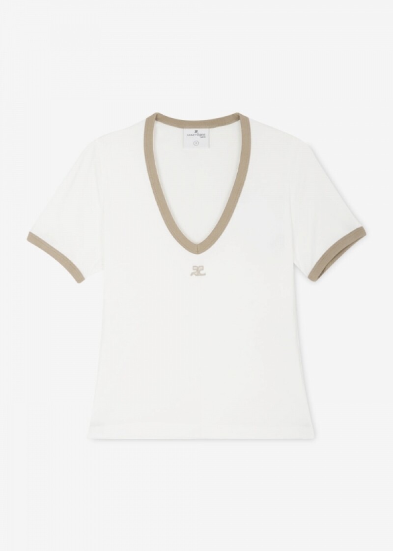 스크래치_쿠레쥬 여성 콘트라스트 V넥 화이트 헤리티지/타일레 반팔티 224JTS137 JS0070 B131(185503)