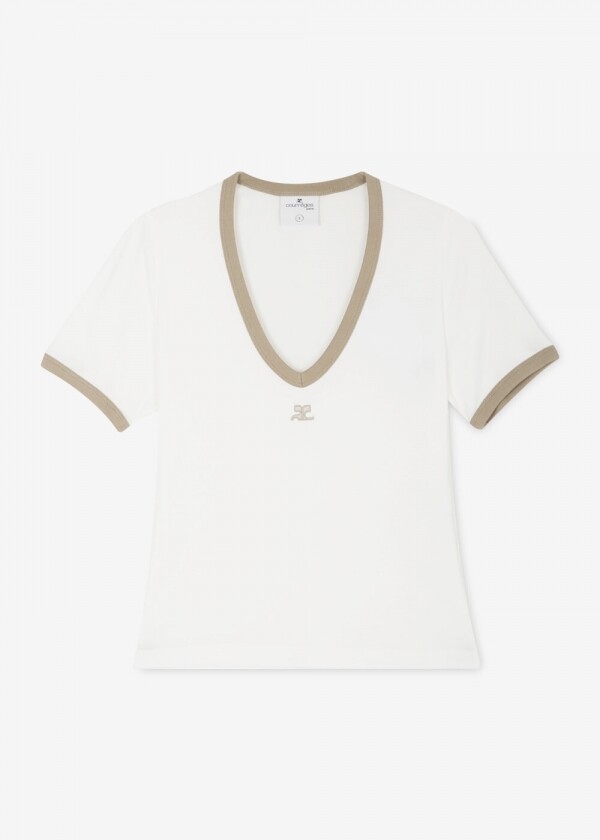 꼬르소밀라노,스크래치_쿠레쥬 여성 콘트라스트 V넥 화이트 헤리티지/타일레 반팔티 224JTS137 JS0070 B131(185503)