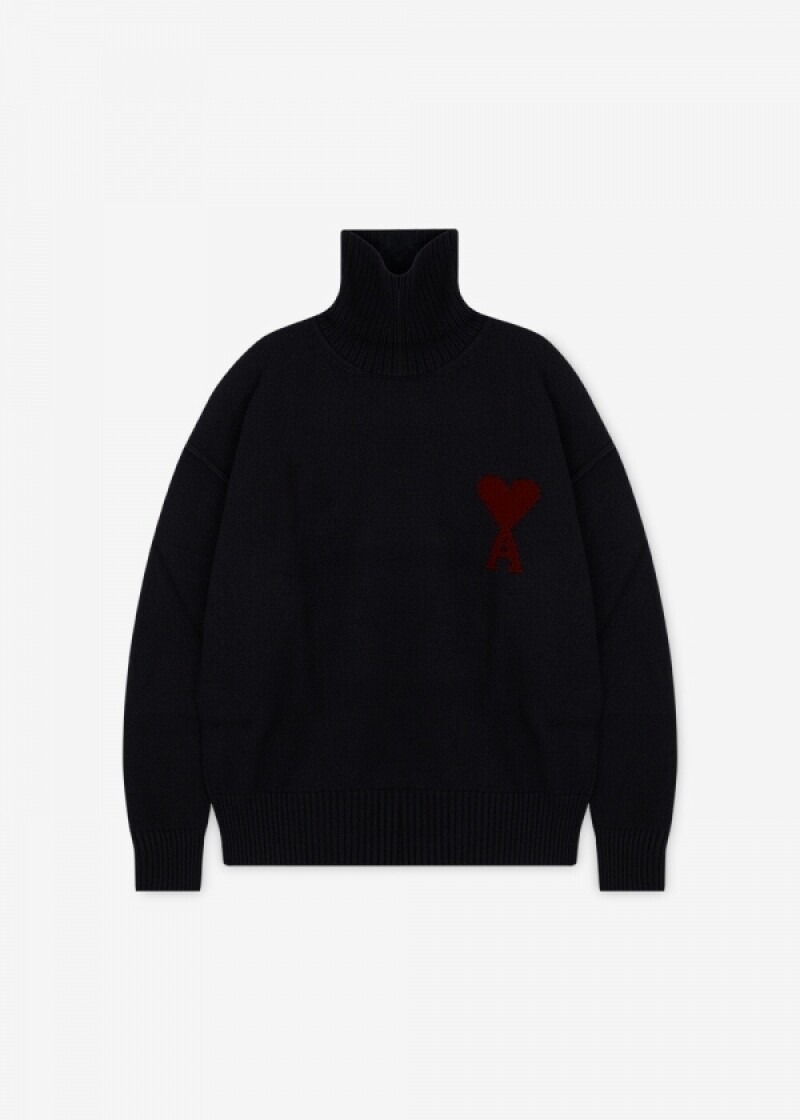 아미 남성 빅 하트 로고 블랙 터틀넥 니트 UKS839U 018 009