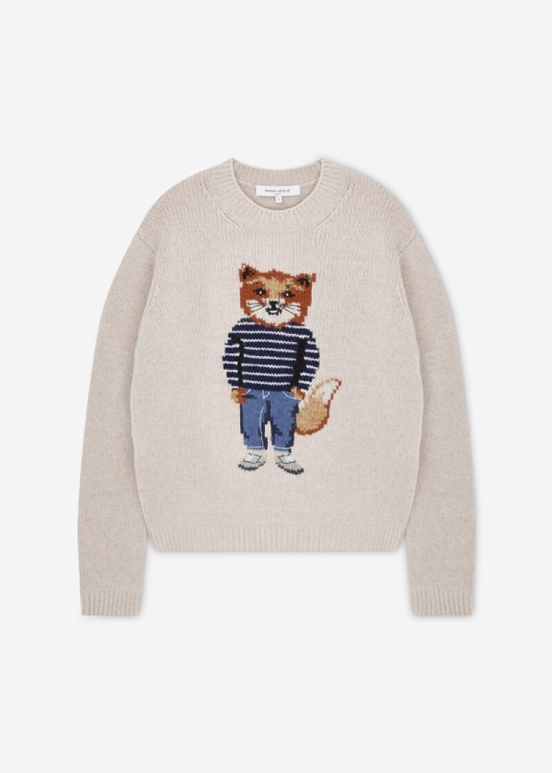 메종키츠네 여성 드레스드 폭스 파치먼트 화이트 니트 PW00812KH0002 0382